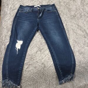 Blue Cropped Distressed Jeans with Frayed Hem